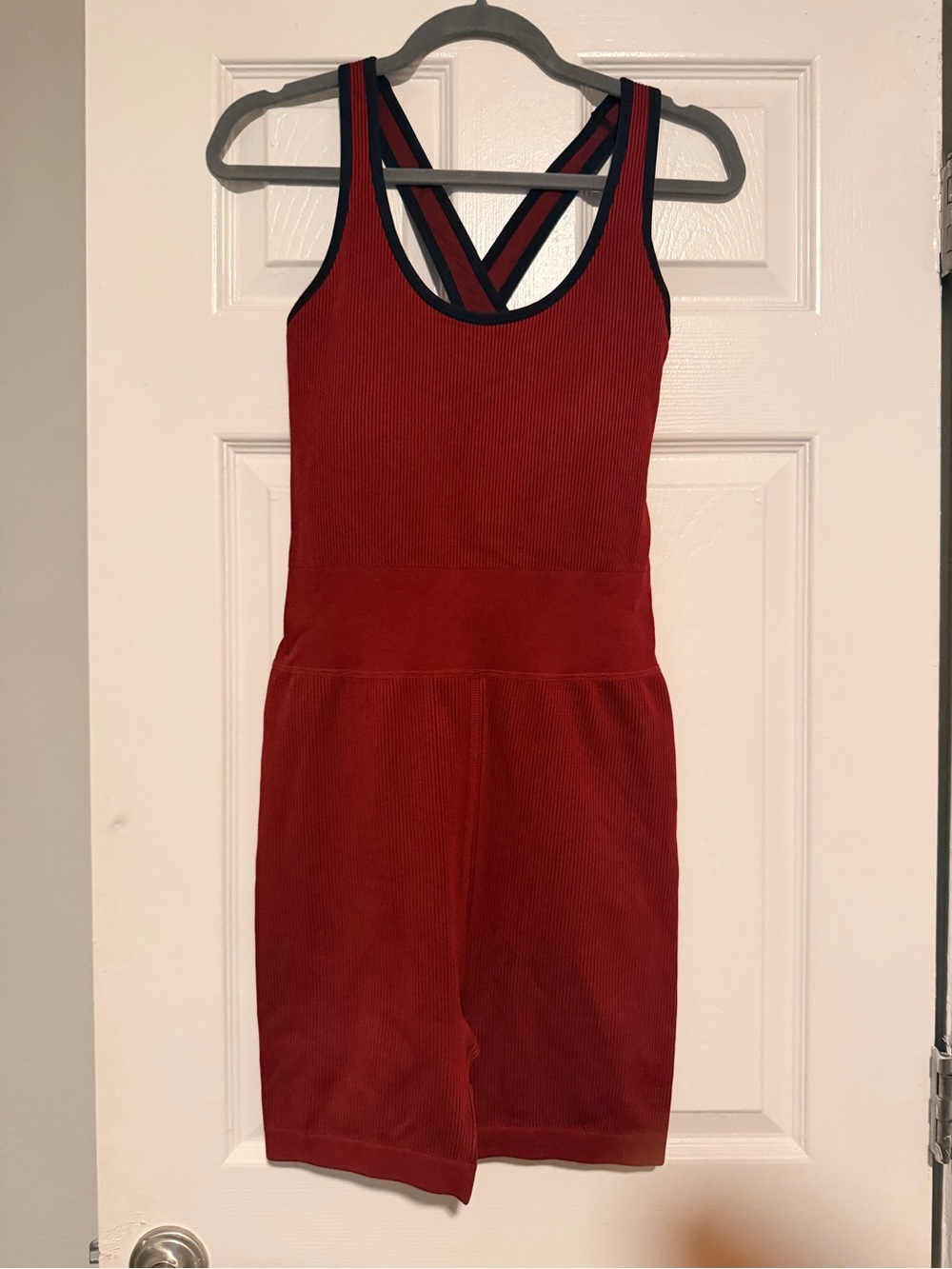 Red Strappy Ribbed Tank Romper - sporty